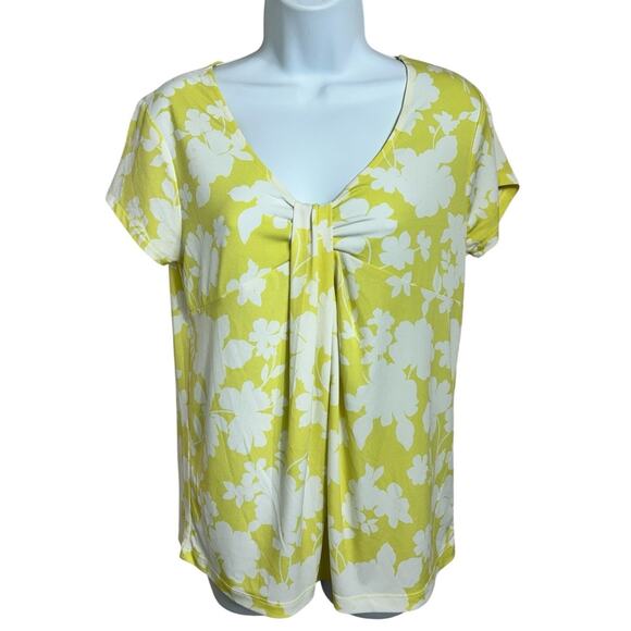 Rafaella Yellow Floral Blouse Sz M V-Neck Top Draped Front Short Sleeve - Picture 5 of 5
